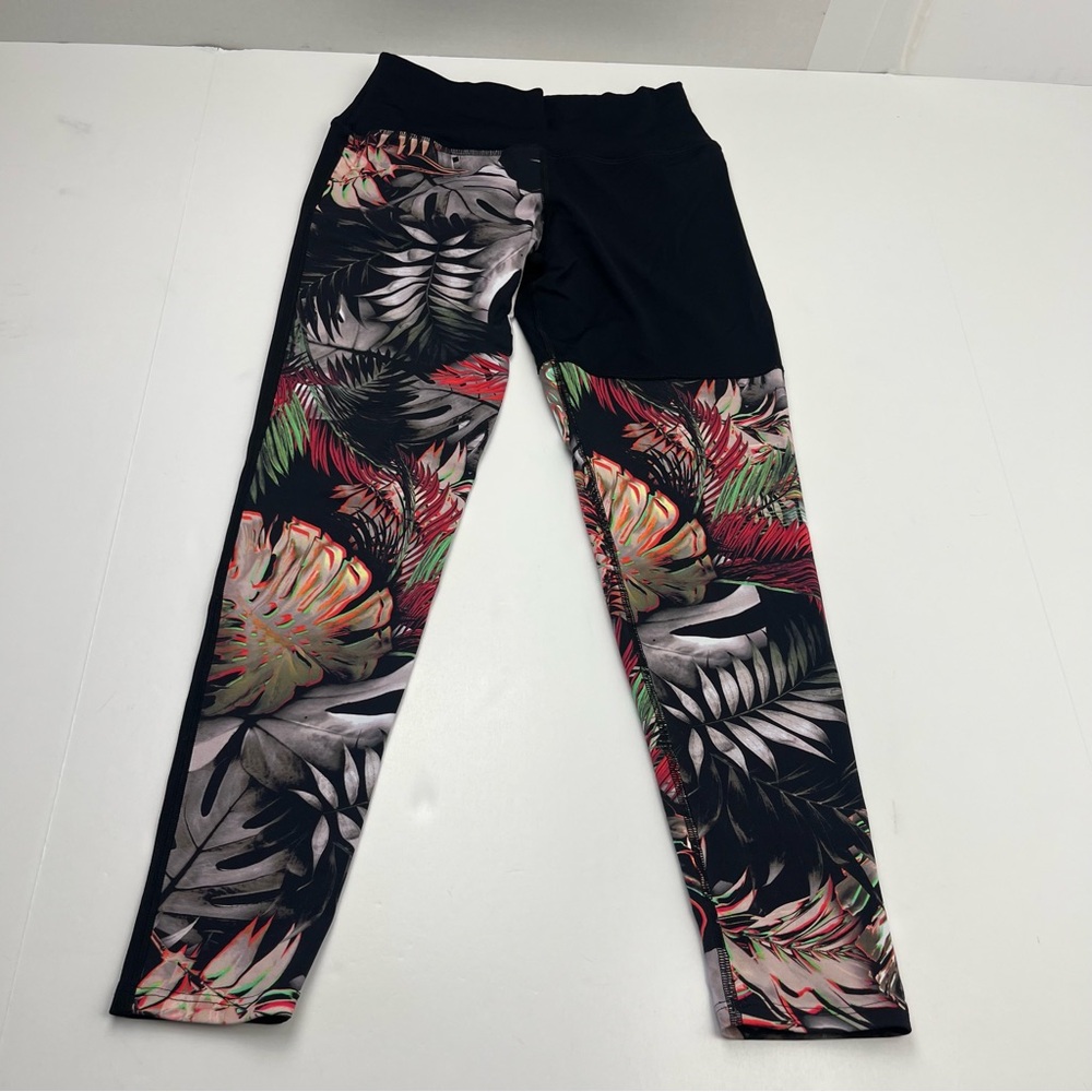 Dona Jo Black Tropical Leaf Print Leggings Women SZ 1 Small Athletic Athleisure‎